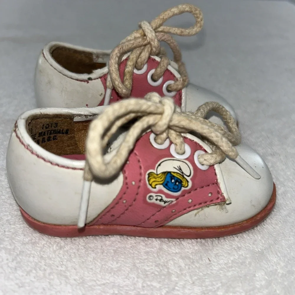 RARE VINTAGE Smurf Baby Girl Saddle Shoes Pink & White Size 1 Smurfette 80's